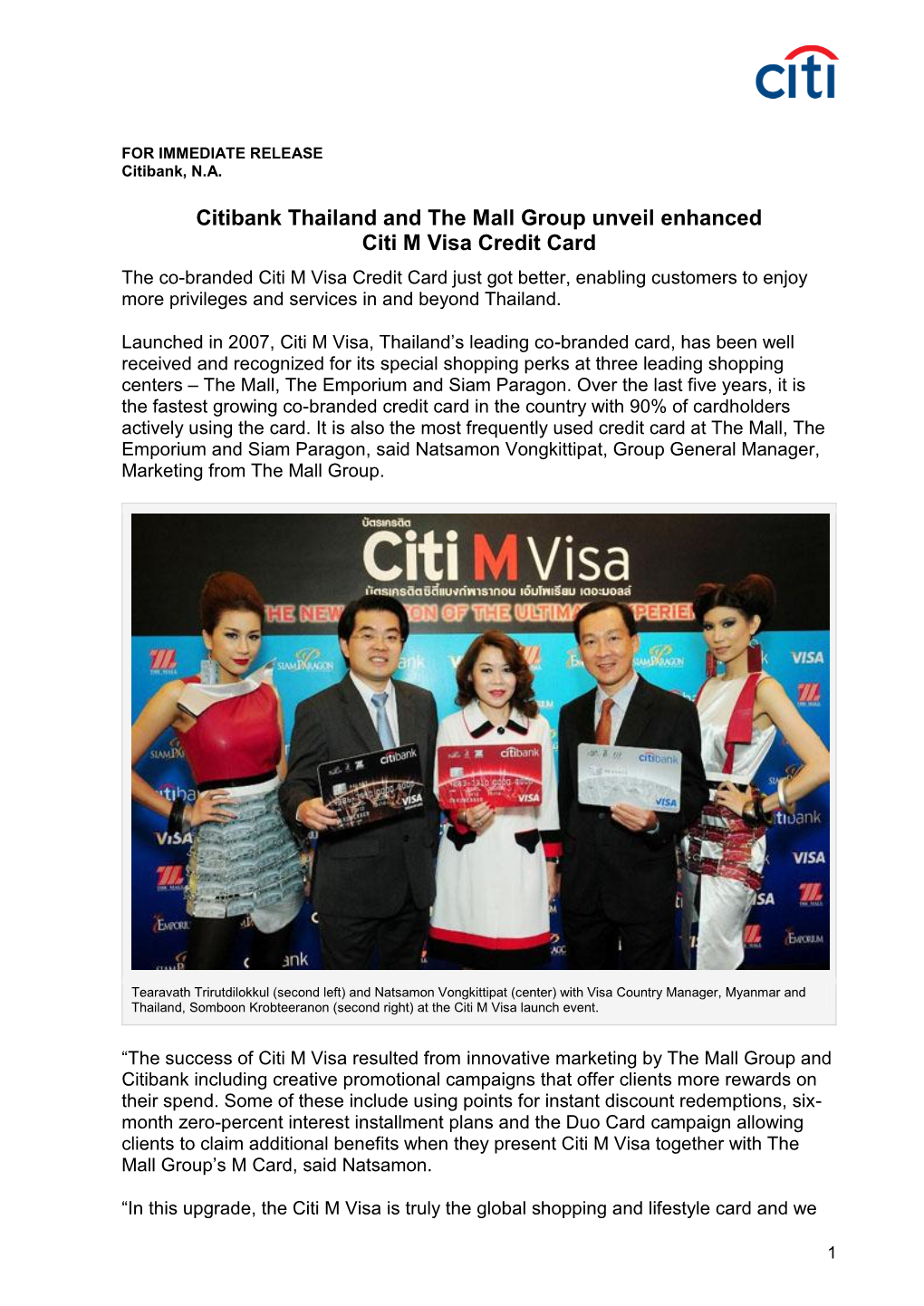 Citibank Thailand and the Mall Group Unveil Enhanced Citi M Visa Credit Card