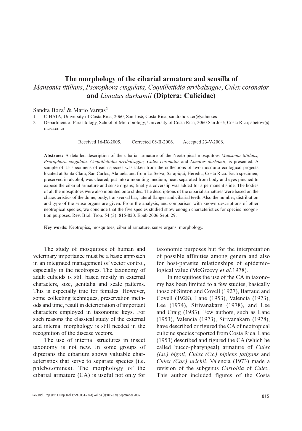 The Morphology of the Cibarial Armature and Sensilla of Mansonia