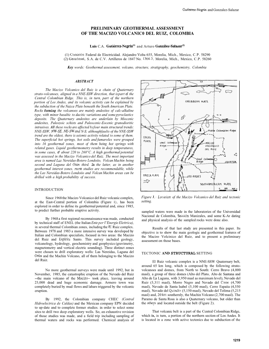 Preliminary Geothermal Assessment of the Macizo Volcanic0 Del Ruiz, Colombia