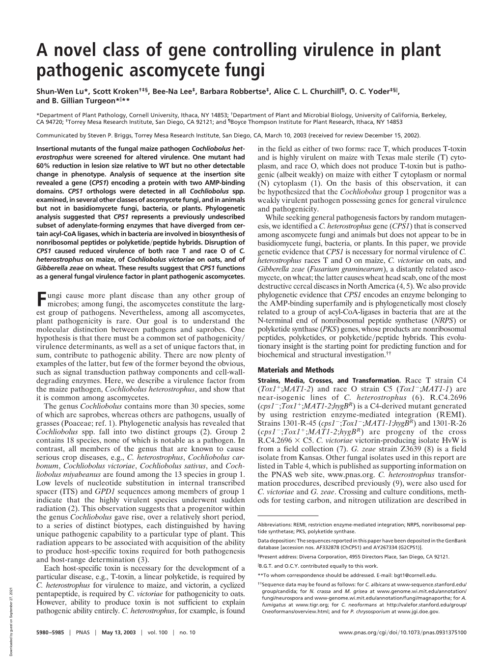 A Novel Class of Gene Controlling Virulence in Plant Pathogenic Ascomycete Fungi