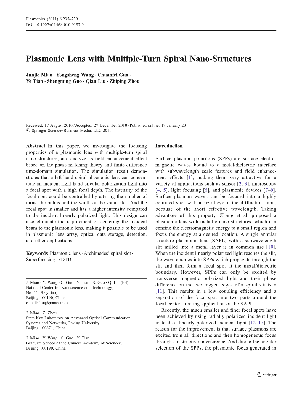 Plasmonic Lens with Multiple-Turn Spiral Nano-Structures