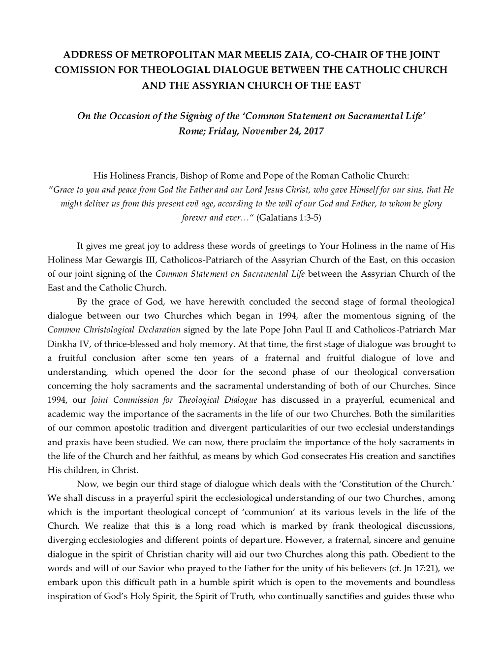 Address of Metropolitan Mar Meelis Zaia, Co-Chair of the Joint Comission for Theologial Dialogue Between the Catholic Church and the Assyrian Church of the East