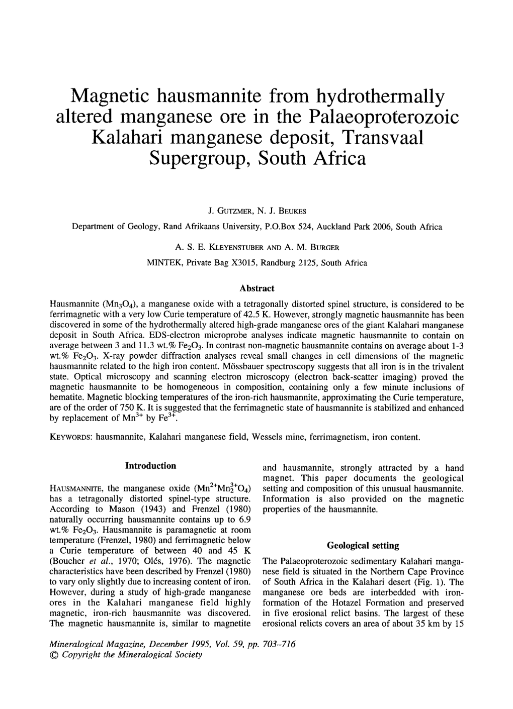 Magnetic Hausmannite from Hydrothermally Altered Manganese Ore in the Palaeoproterozoic Kalahari Manganese Deposit, Transvaal Supergroup, South Africa