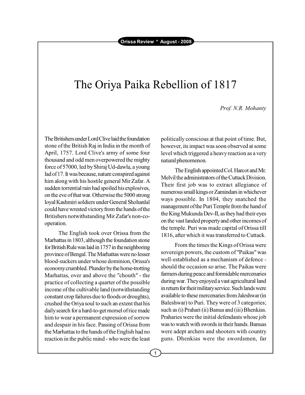 The Oriya Paika Rebellion of 1817