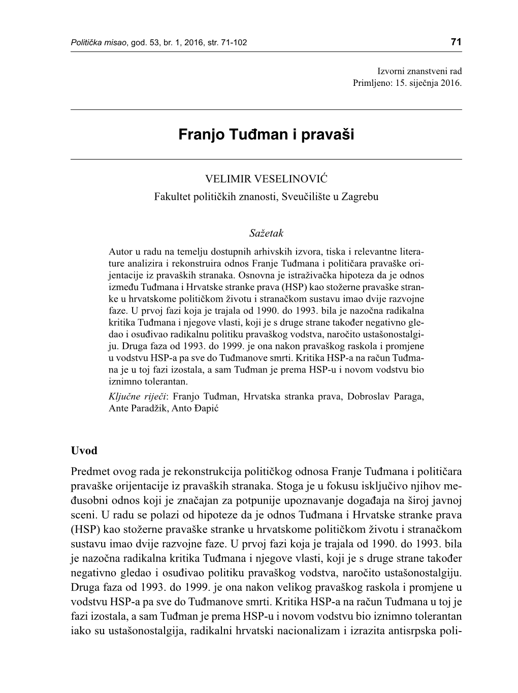 Franjo Tuđman and Croatian Parties of Right