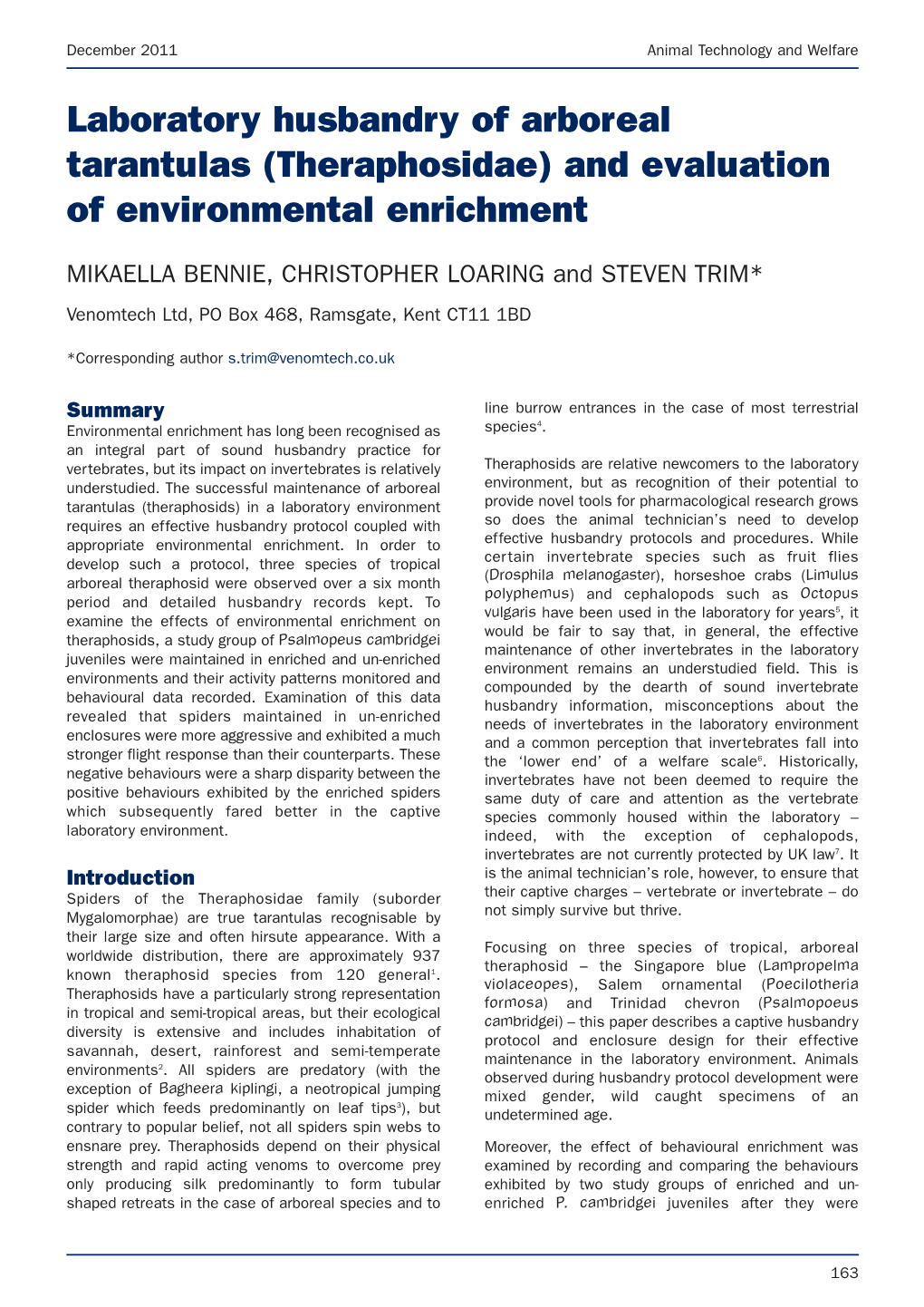 Laboratory Husbandry of Arboreal Tarantulas (Theraphosidae) and Evaluation of Environmental Enrichment