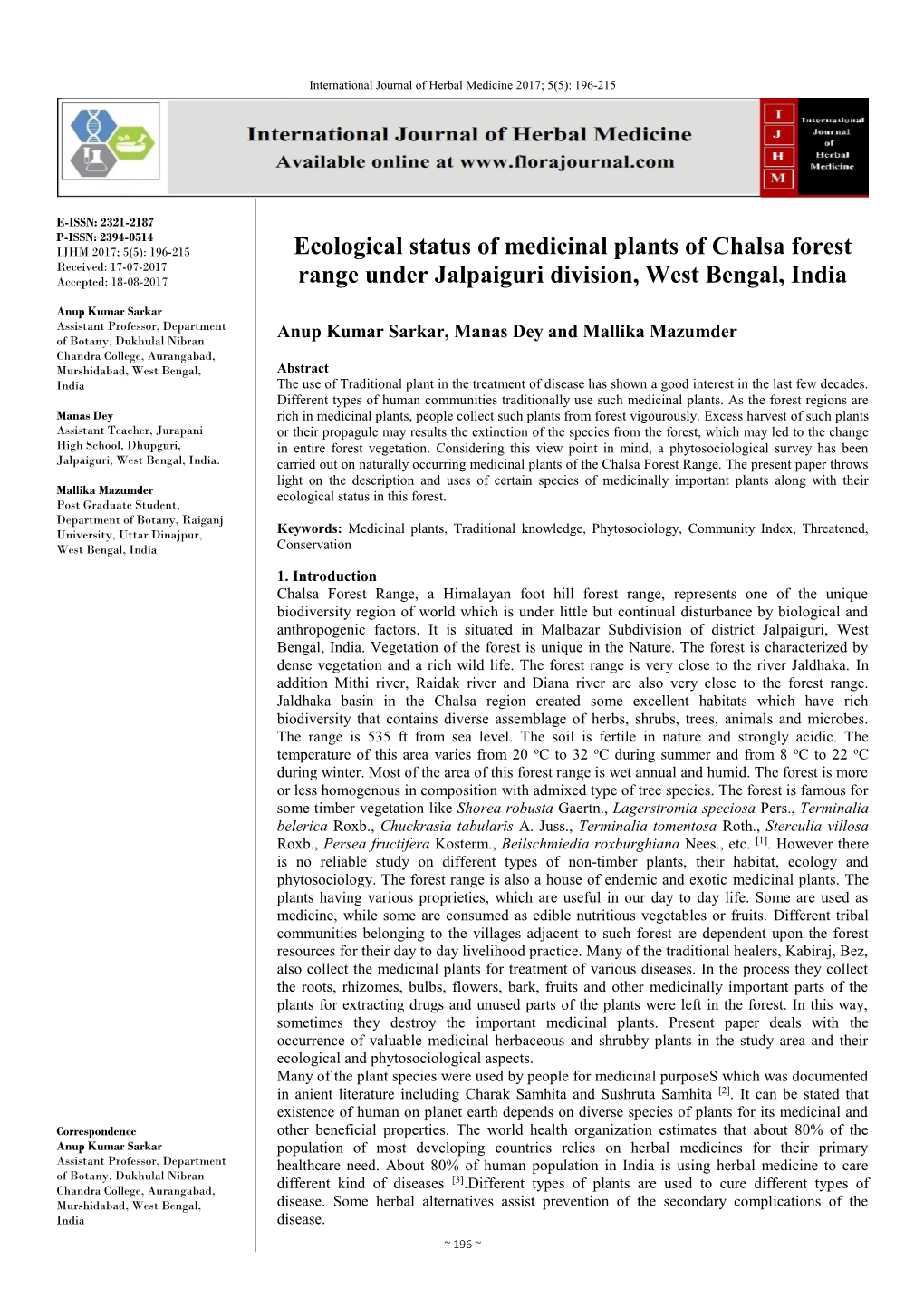 Ecological Status of Medicinal Plants of Chalsa Forest Range Under
