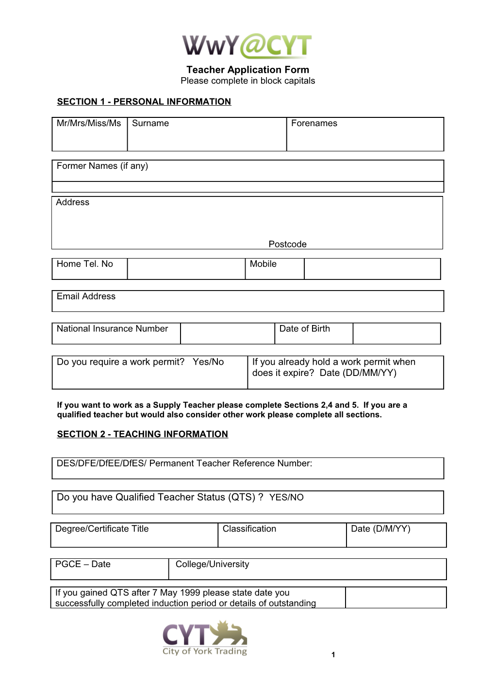 Application Form for City of York Supply Agency