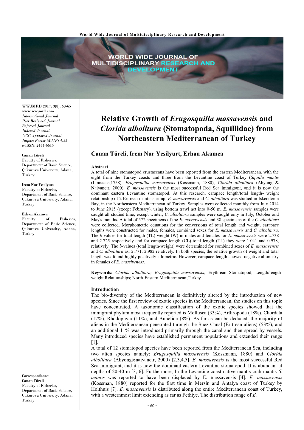 Relative Growth of Erugosquilla Massavensis and Clorida Albolitura