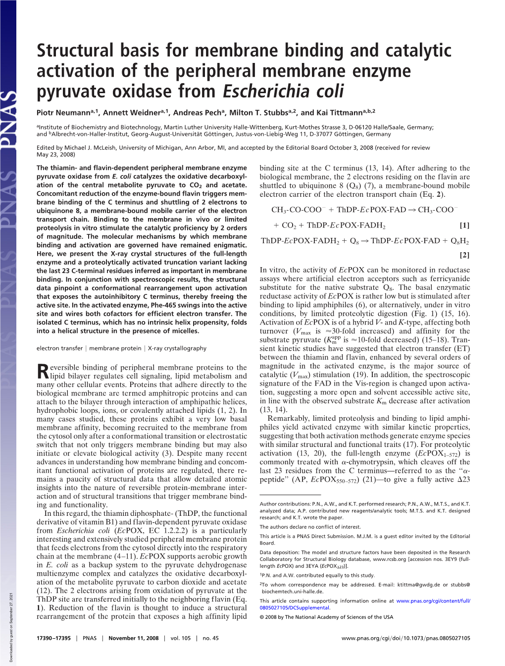 Structural Basis for Membrane Binding and Catalytic Activation of the Peripheral Membrane Enzyme Pyruvate Oxidase from Escherichia Coli