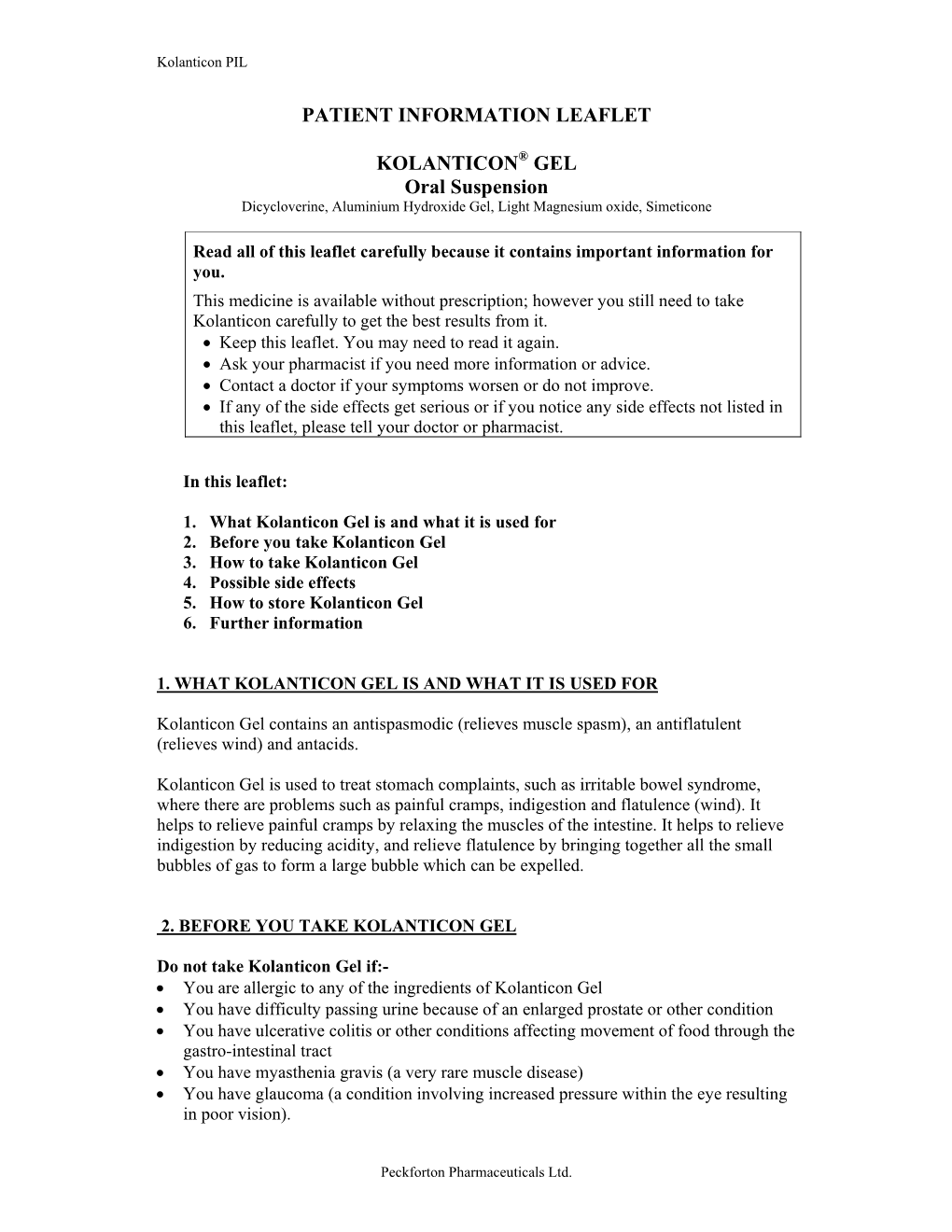 PATIENT INFORMATION LEAFLET KOLANTICON GEL Oral Suspension