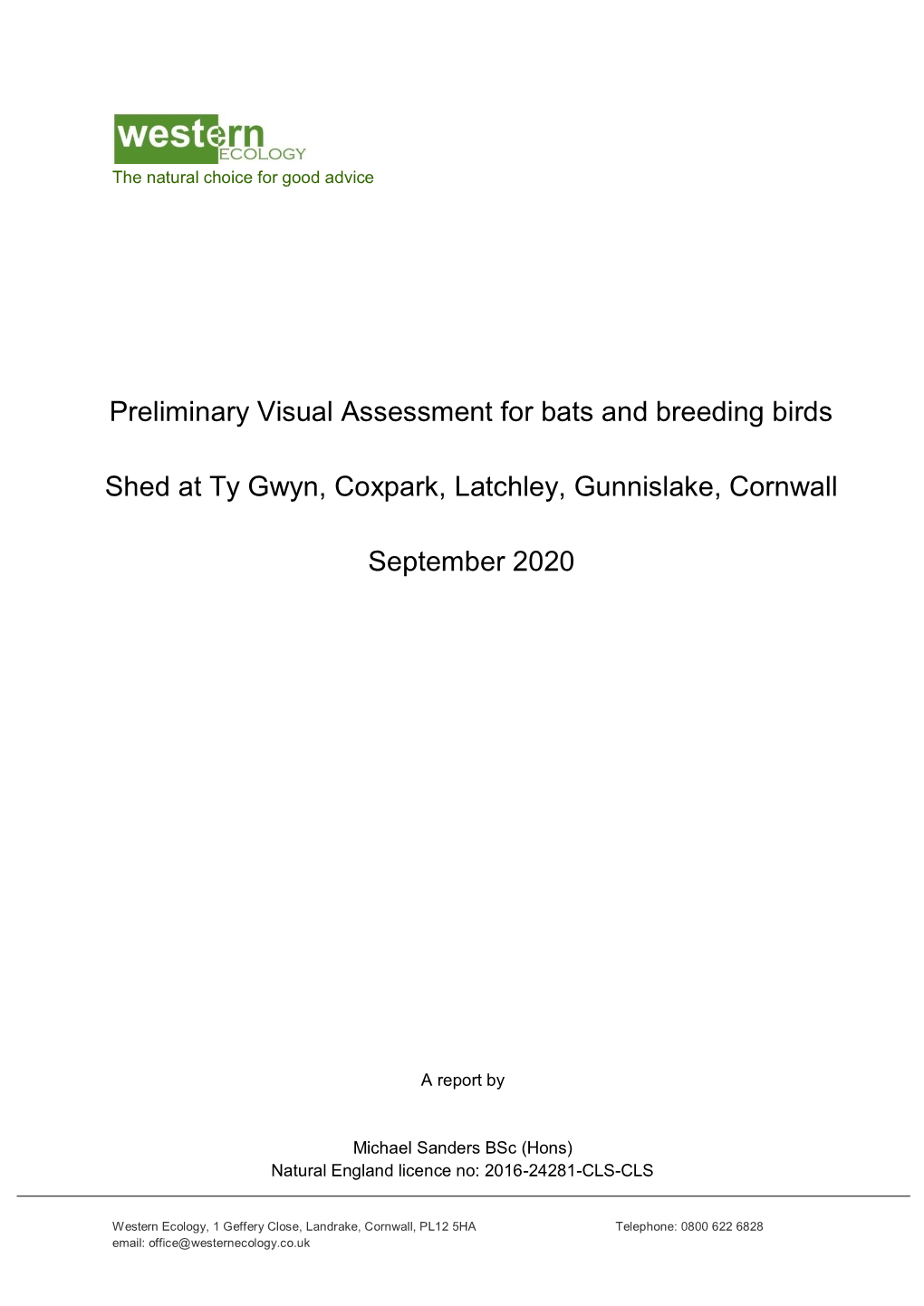 Preliminary Visual Assessment for Bats and Breeding Birds Shed At