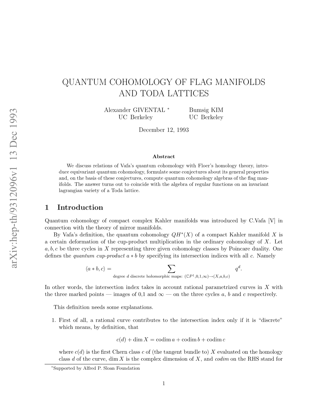 Quantum Cohomology of Flag Manifolds and Toda Lattices