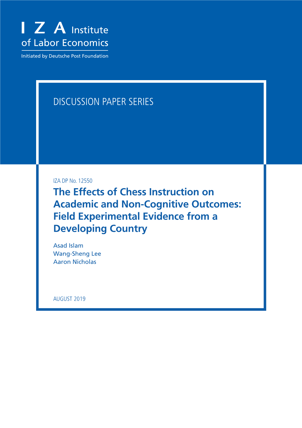 The Effects of Chess Instruction on Academic and Non-Cognitive Outcomes: Field Experimental Evidence from a Developing Country