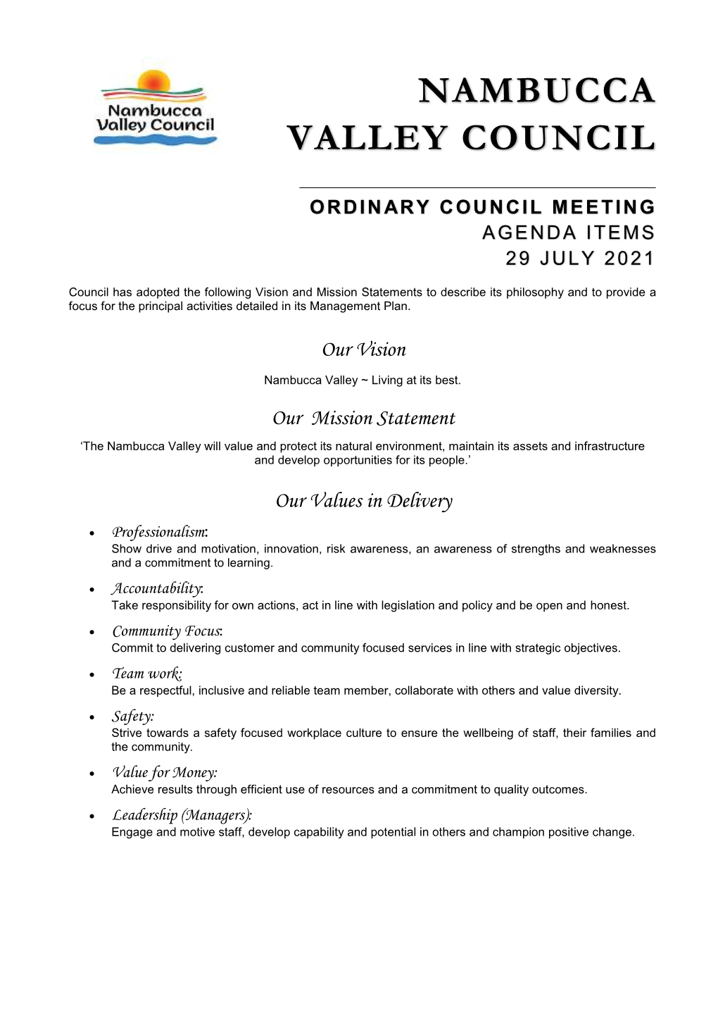 Agenda of Ordinary Council Meeting