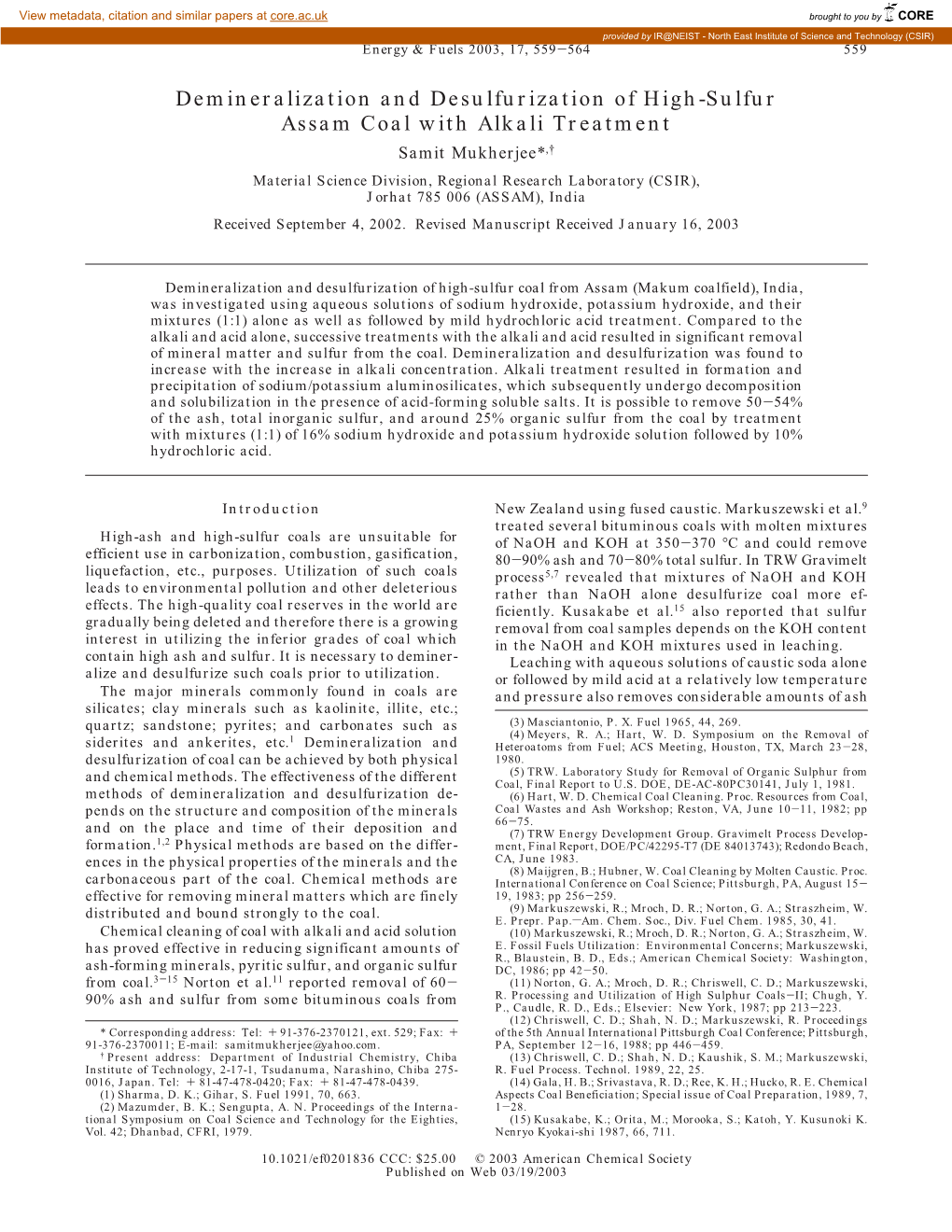 Demineralization and Desulfurization of High-Sulfur Assam Coal