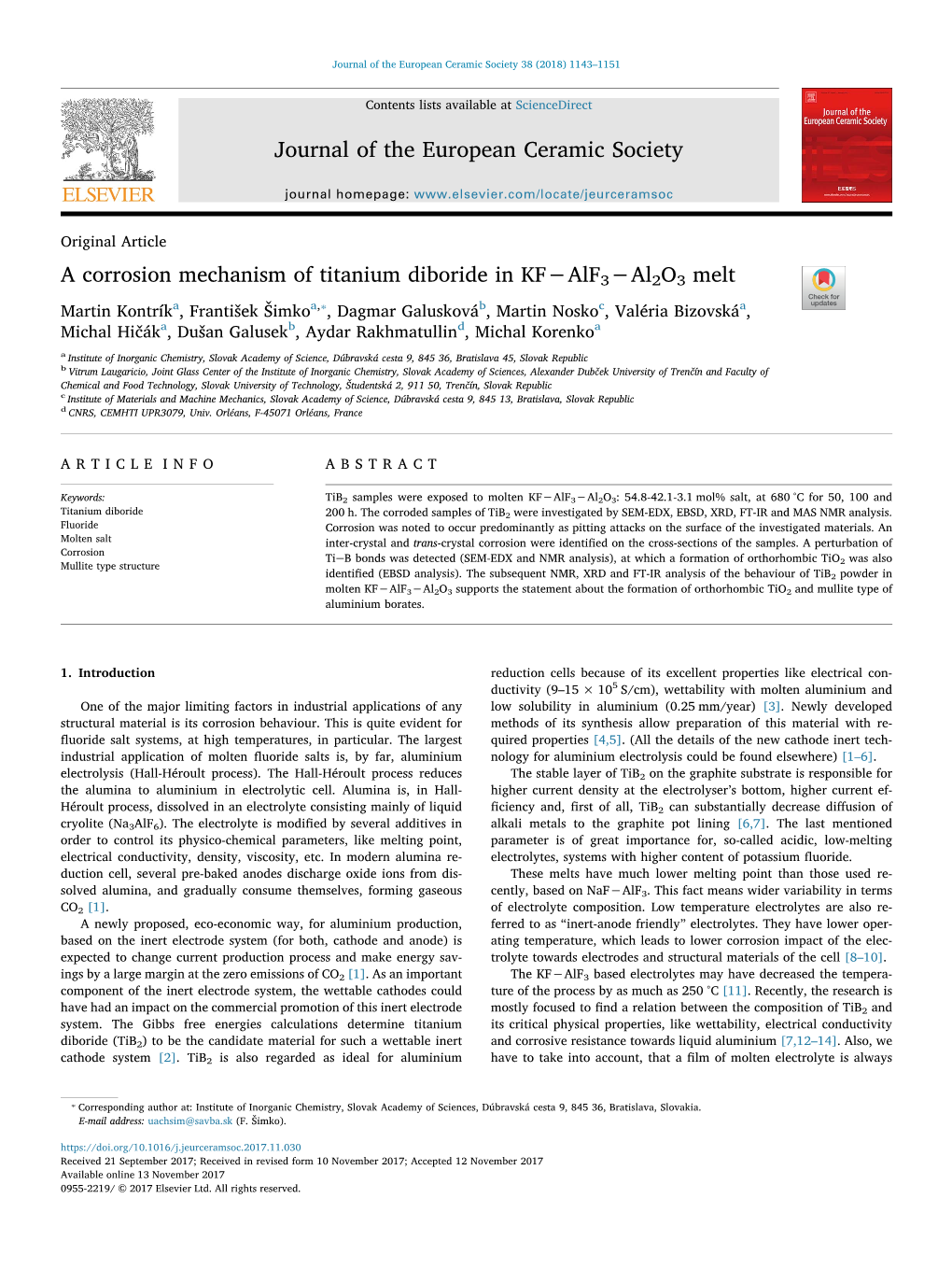 A Corrosion Mechanism of Titanium Diboride in KF−Alf3−Al2o3 Melt