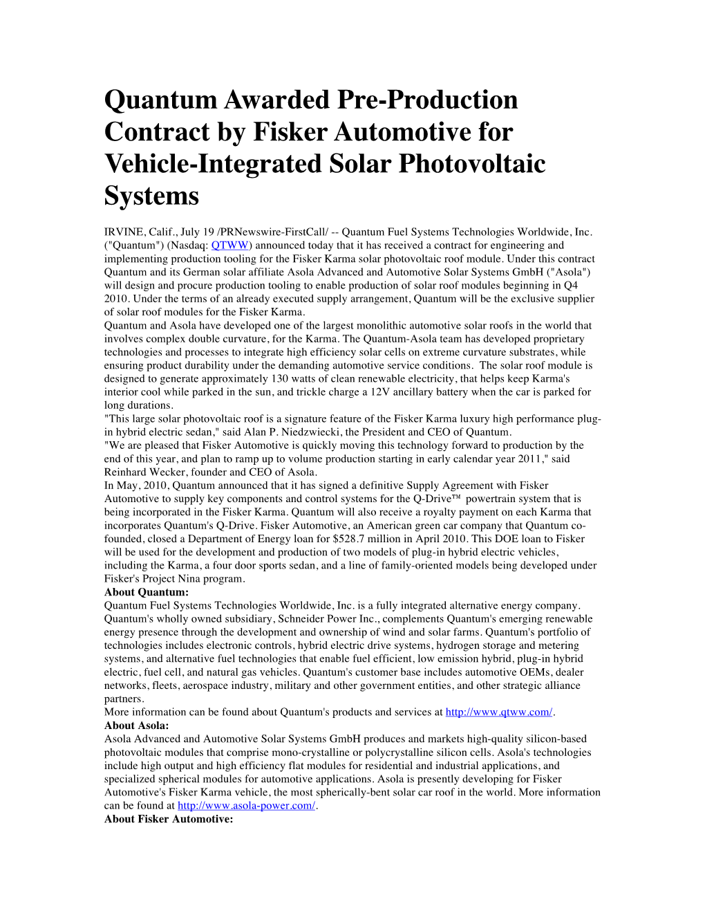 Quantum Awarded Pre-Production Contract by Fisker Automotive for Vehicle-Integrated Solar Photovoltaic Systems