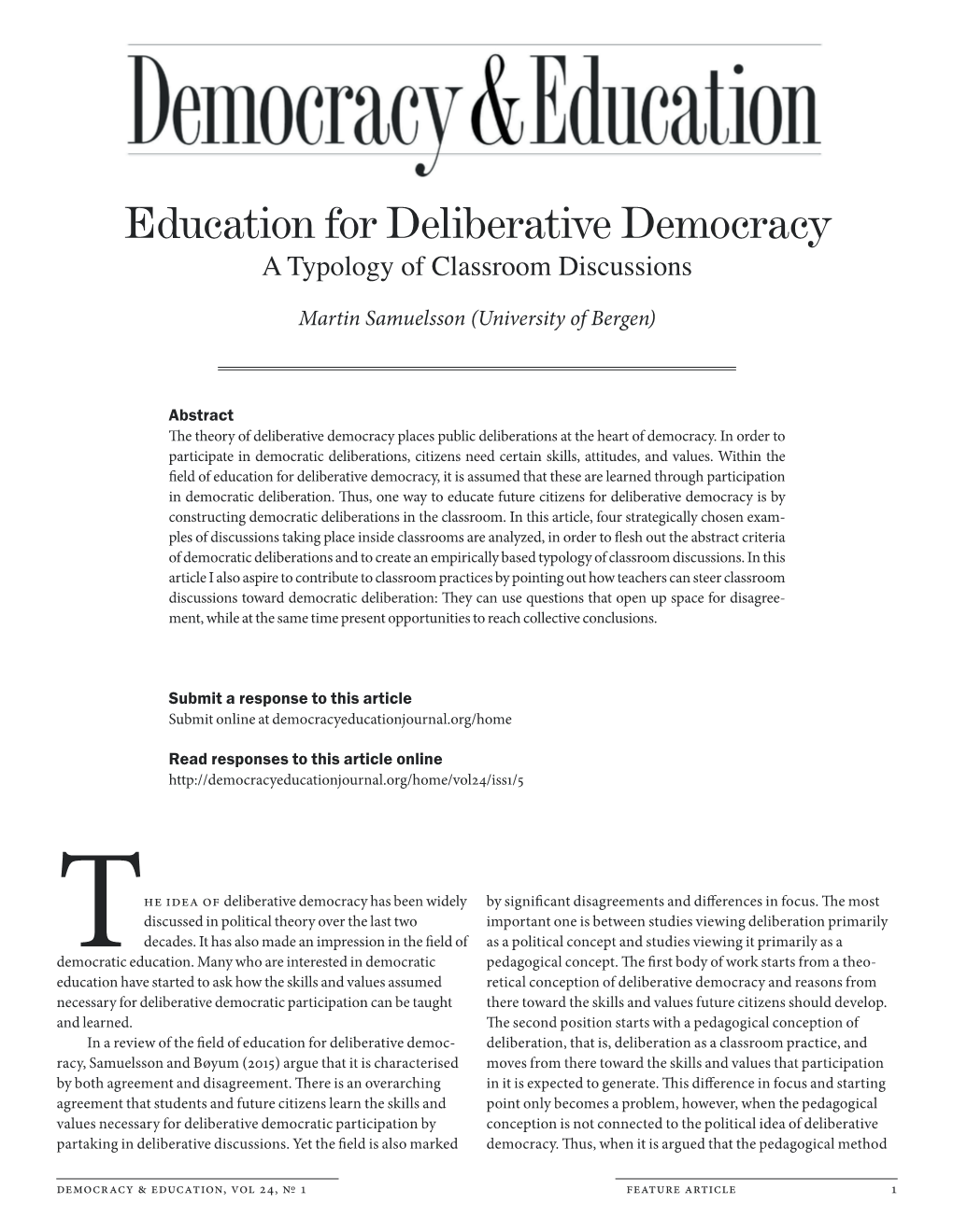 Education for Deliberative Democracy a Typology of Classroom Discussions