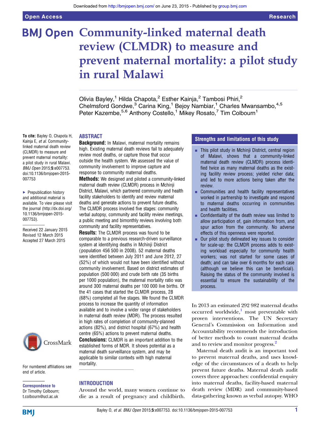 Community-Linked Maternal Death Review (CLMDR) to Measure and Prevent Maternal Mortality: a Pilot Study in Rural Malawi