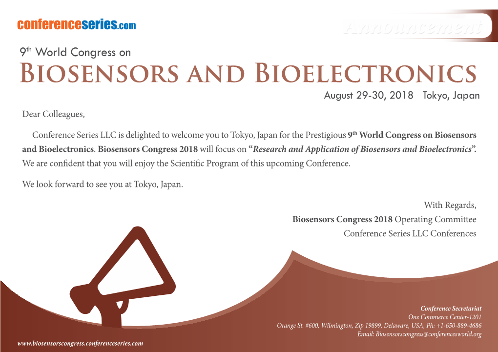 Biosensors and Bioelectronics August 29-30, 2018 Tokyo, Japan Dear Colleagues