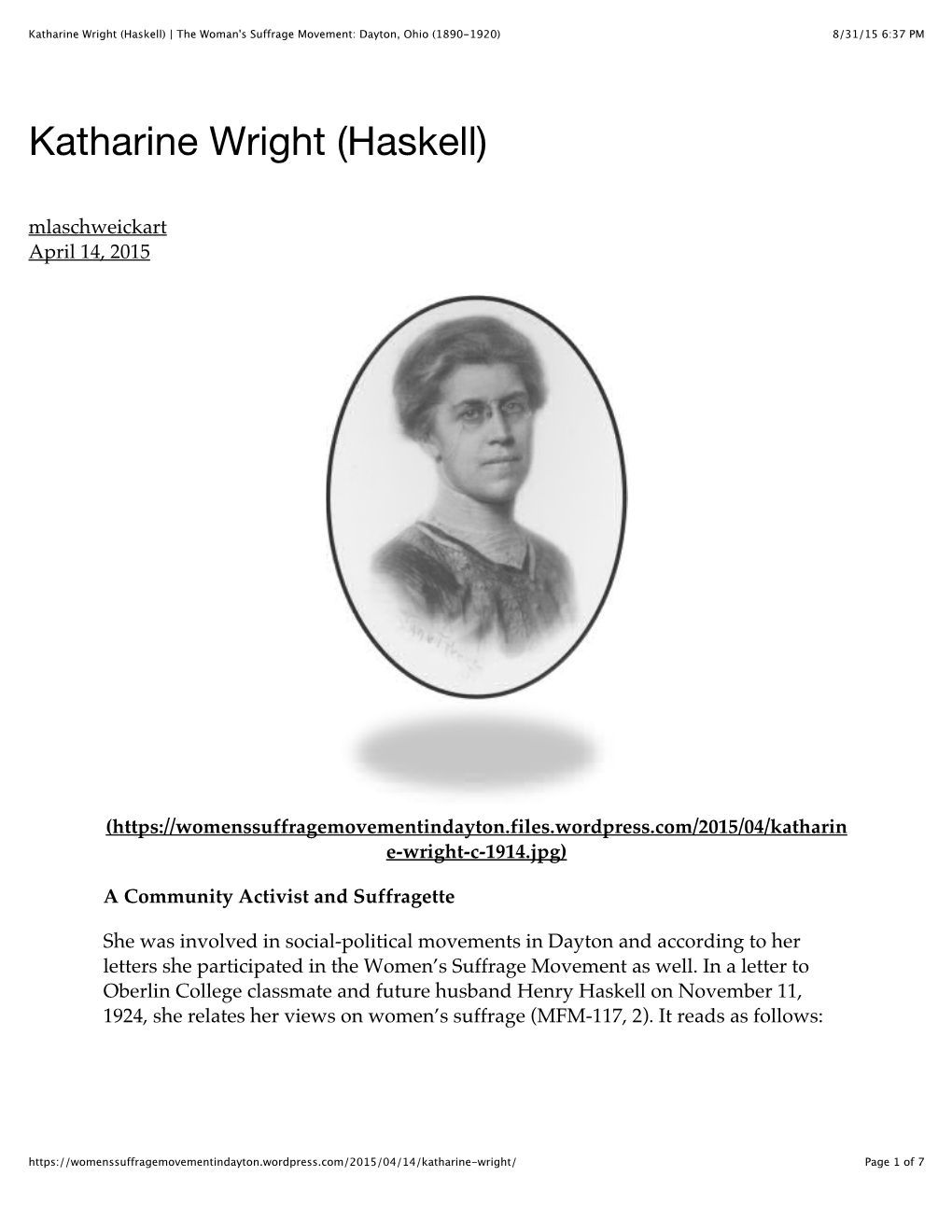 Katharine Wright (Haskell) | the Woman's Suffrage Movement: Dayton, Ohio (1890-1920) 8/31/15 6:37 PM