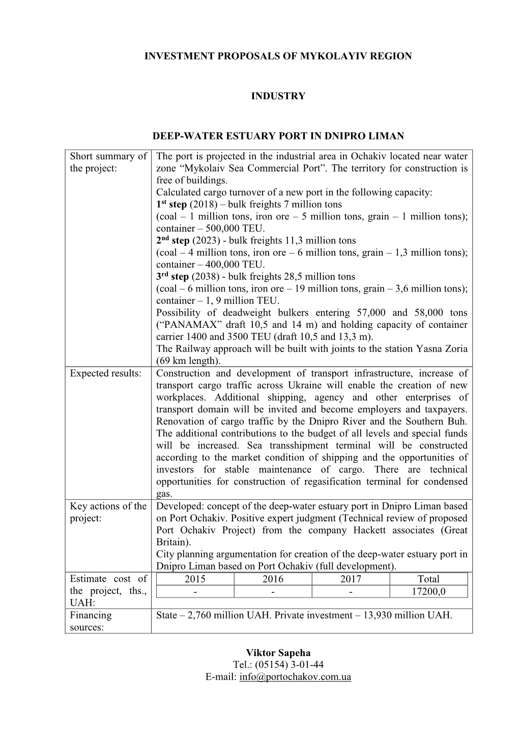 Investment Proposals of Mykolayiv Region