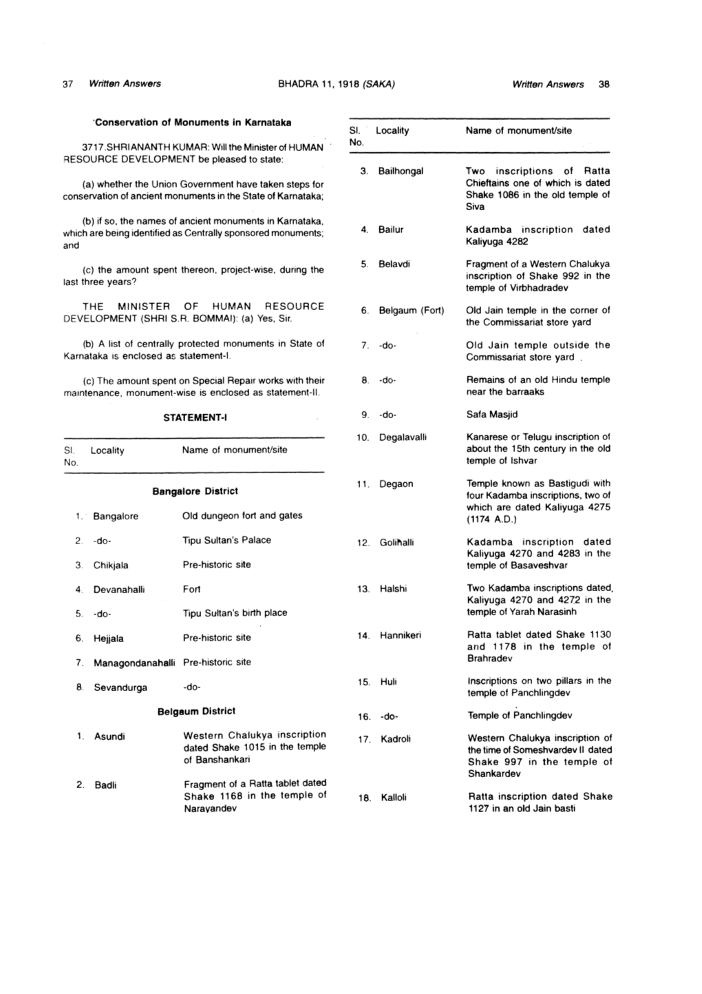 37 Written Answers BHADRA 11, 1918 (SAKA) Written Answers 38