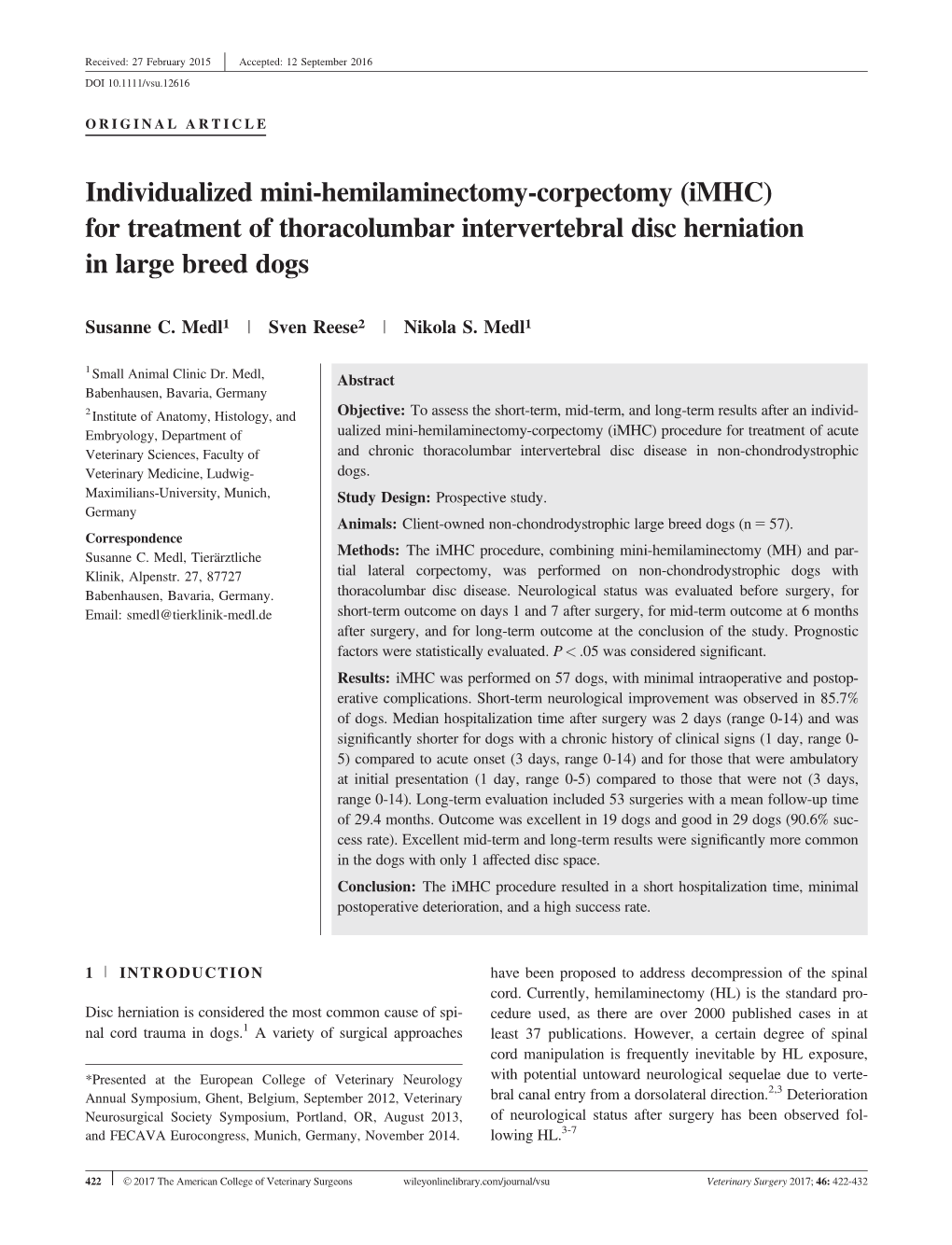 Corpectomy (Imhc) for Treatment of Thoracolumbar Intervertebral Disc Herniation in Large Breed Dogs