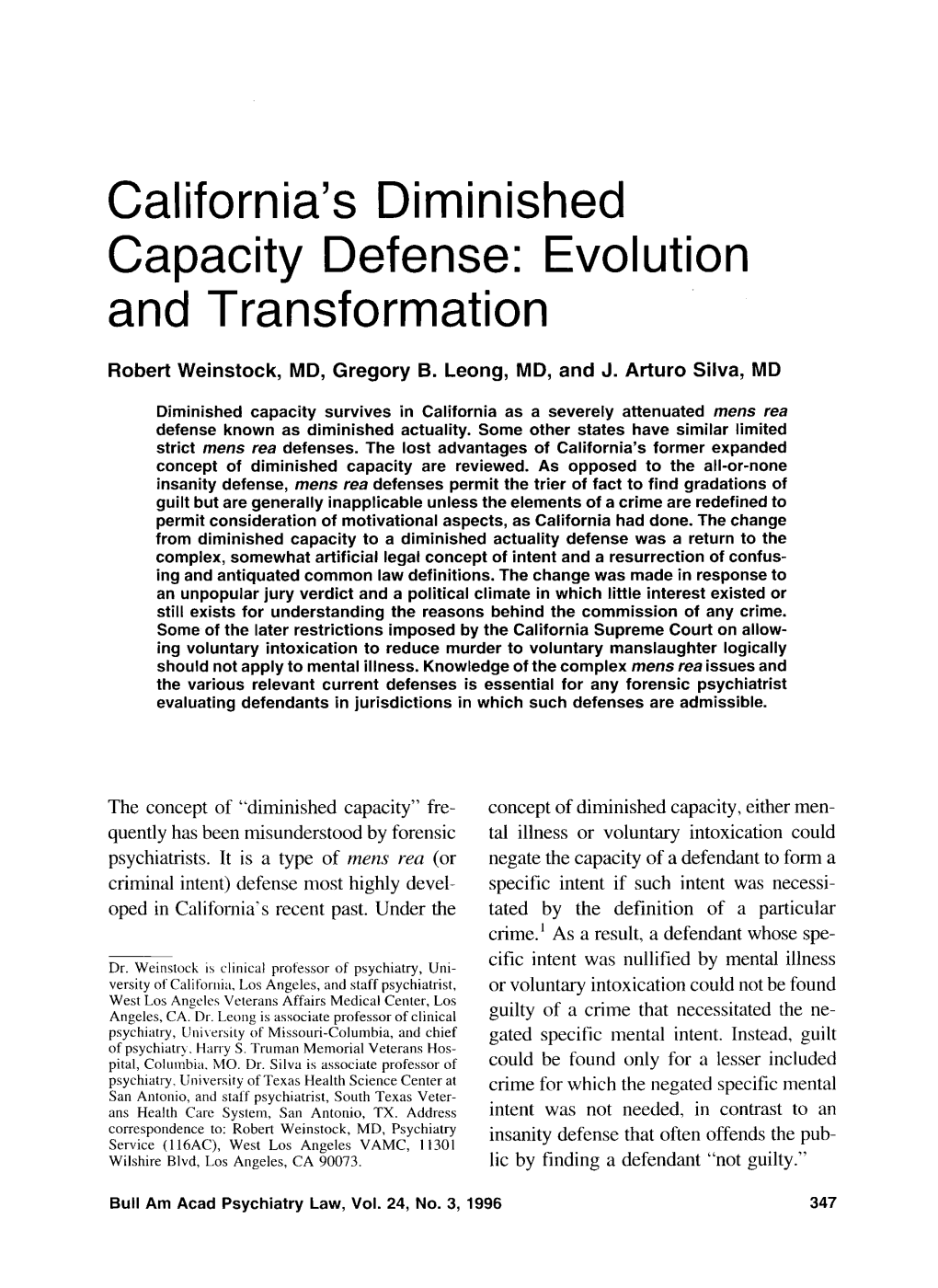 California's Diminished Capacity Defense: Evolution and Transformation