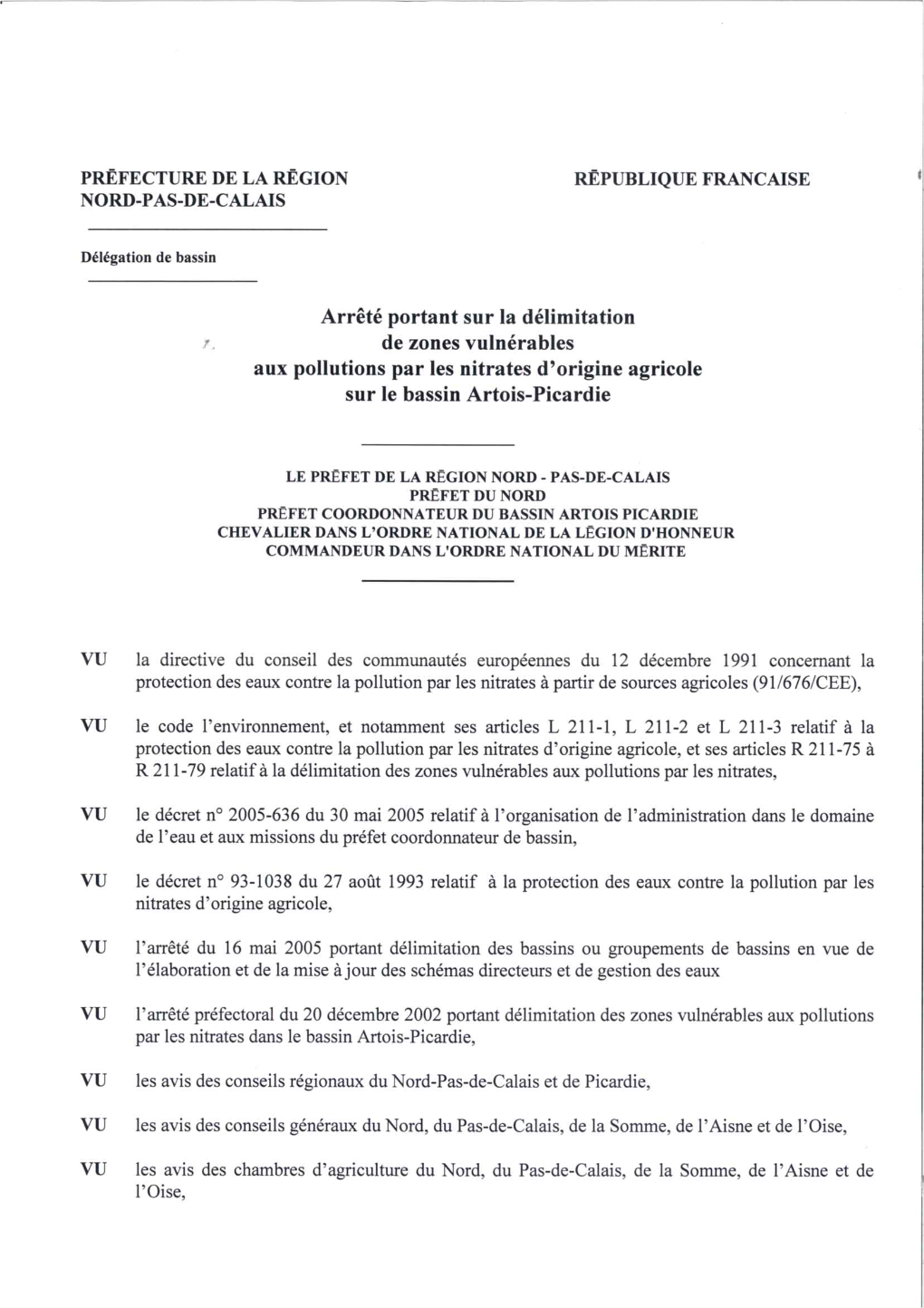 Arrêté Du 23/11/2007 Du Préfet Coordonnateur Du Bassin Artois