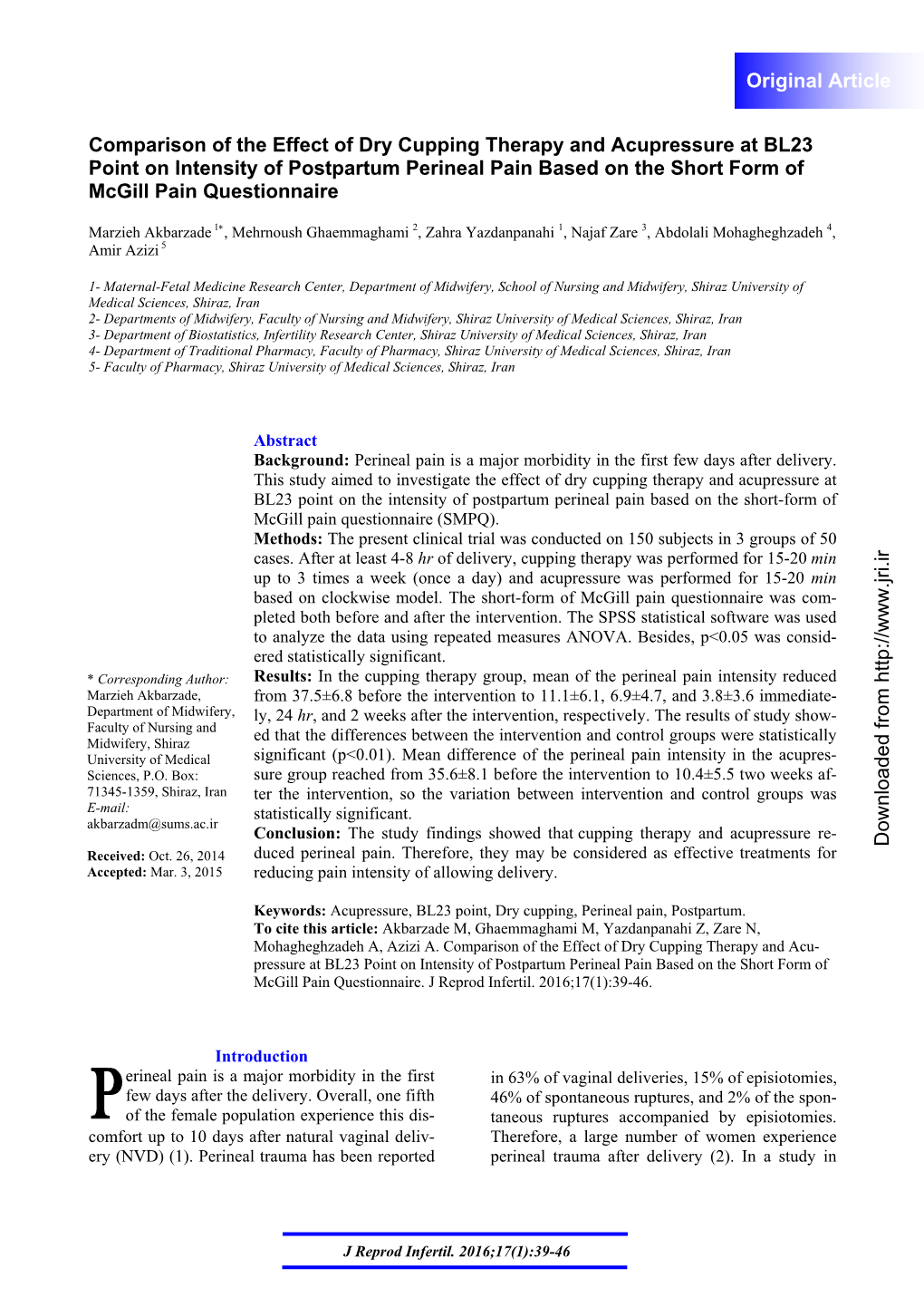 Comparison of the Effect of Dry Cupping Therapy and Acupressure