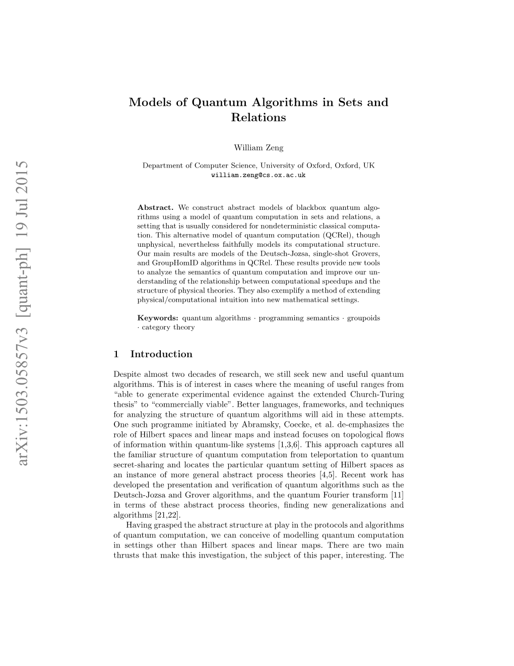 Models of Quantum Algorithms in Sets and Relations