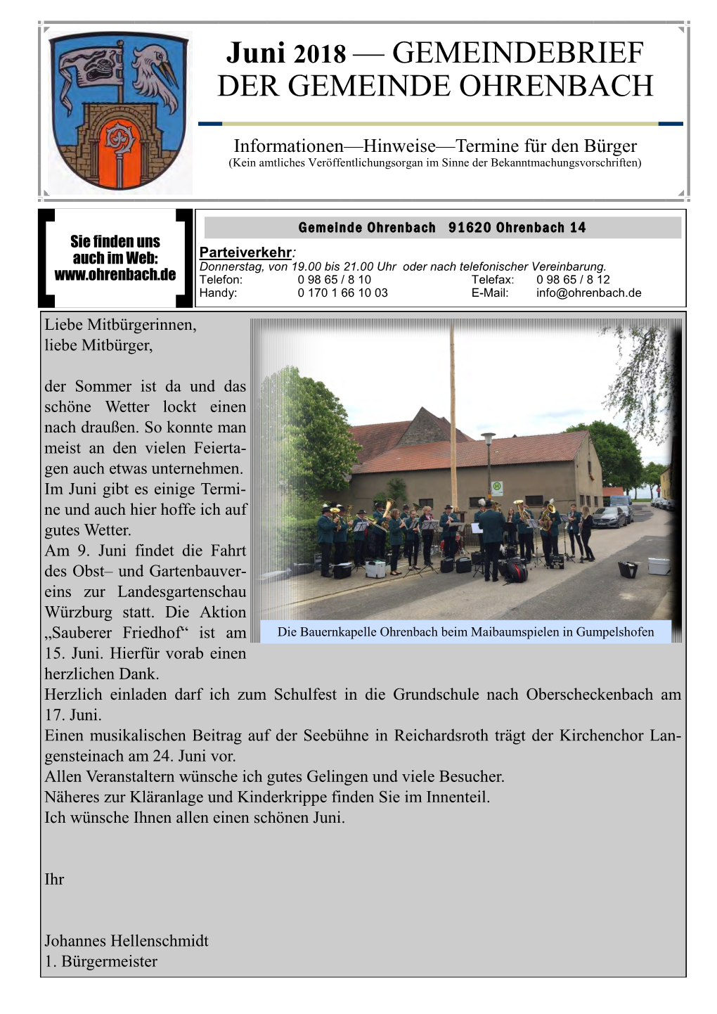 Juni 2018 — GEMEINDEBRIEF DER GEMEINDE OHRENBACH