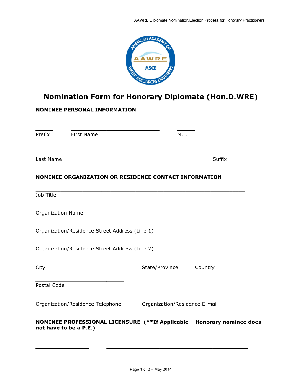 Nomination Form for Honorary Diplomate (Hon.D.WRE)