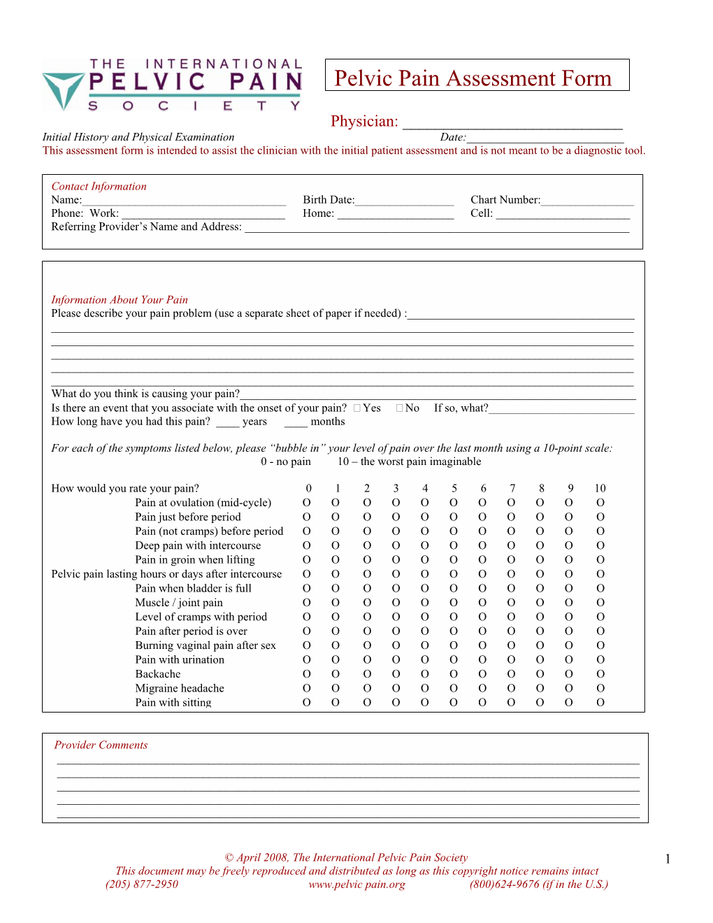 Pelvic Pain Assessment Form