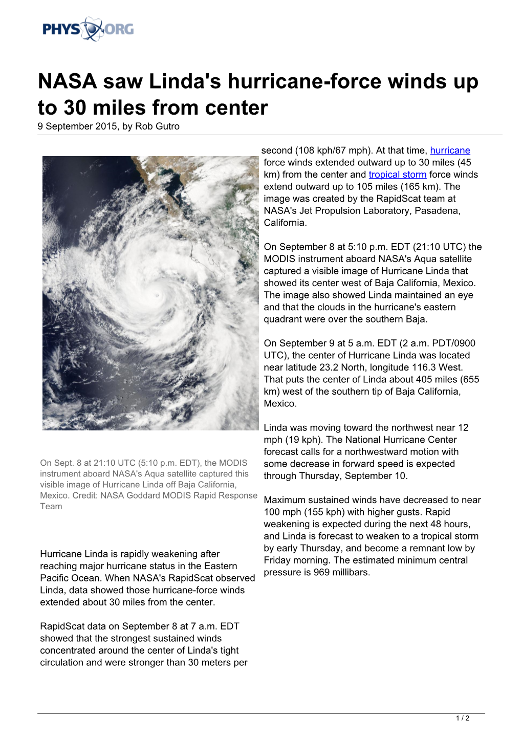 NASA Saw Linda's Hurricane-Force Winds up to 30 Miles from Center 9 September 2015, by Rob Gutro