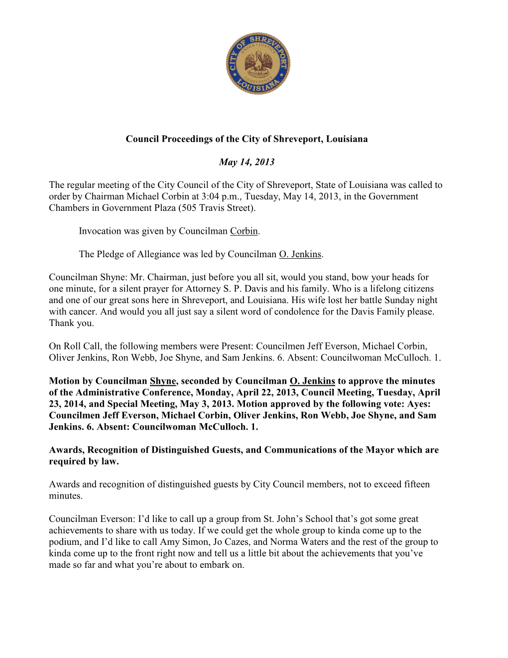 Council Proceedings of the City of Shreveport, Louisiana May 14