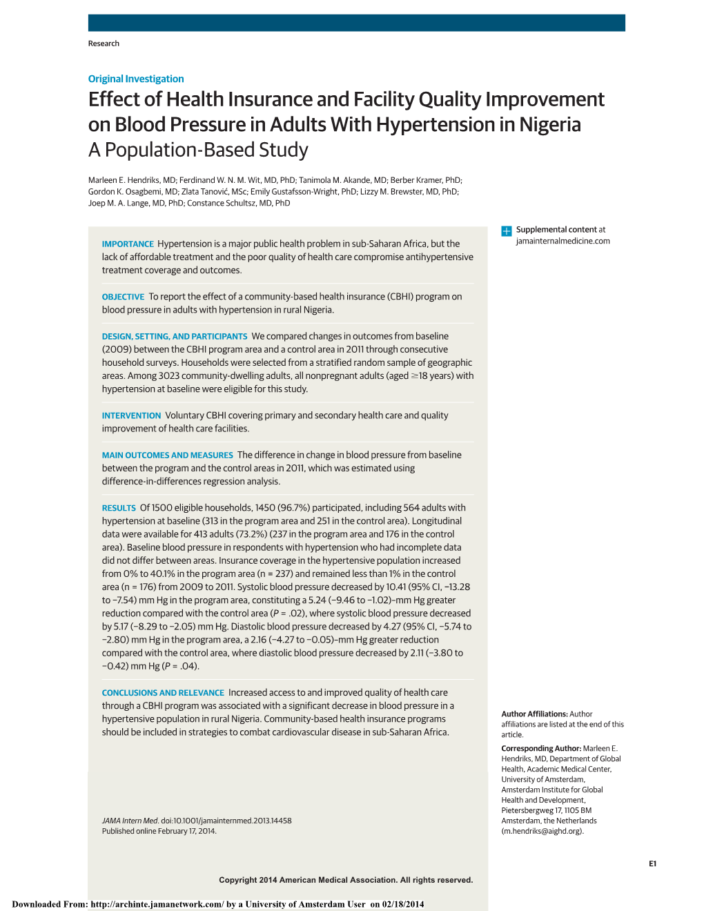 Effect of Health Insurance and Facility Quality Improvement on Blood Pressure in Adults with Hypertension in Nigeria a Population-Based Study