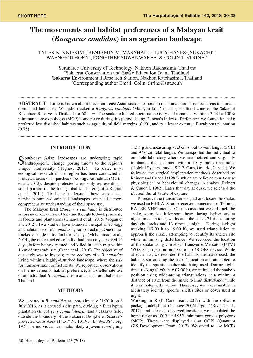 The Movements and Habitat Preferences of a Malayan Krait (Bungarus Candidus) in an Agrarian Landscape