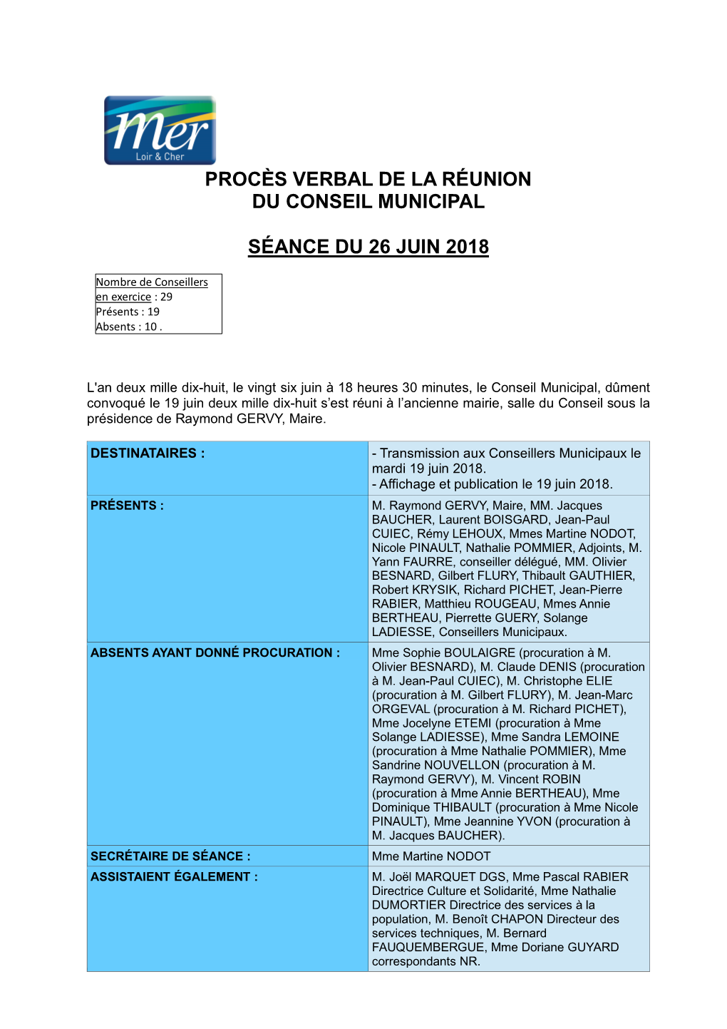 Procès Verbal De La Réunion Du Conseil Municipal Séance Du 26 Juin 2018