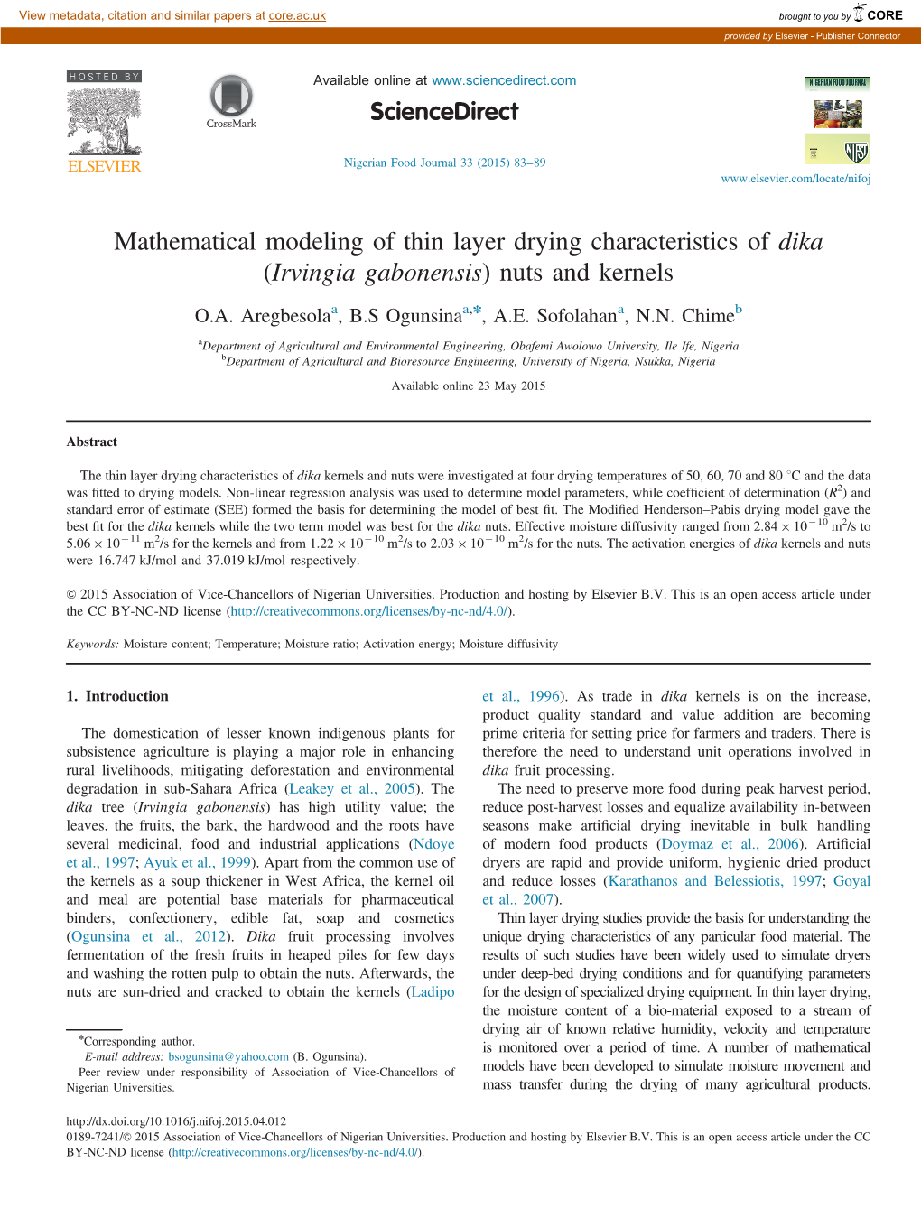 Mathematical Modeling of Thin Layer Drying Characteristics of Dika (Irvingia Gabonensis) Nuts and Kernels