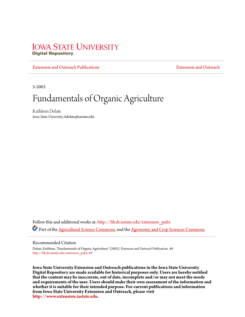 Fundamentals of Organic Agriculture Kathleen Delate Iowa State University, Kdelate@Iastate.Edu