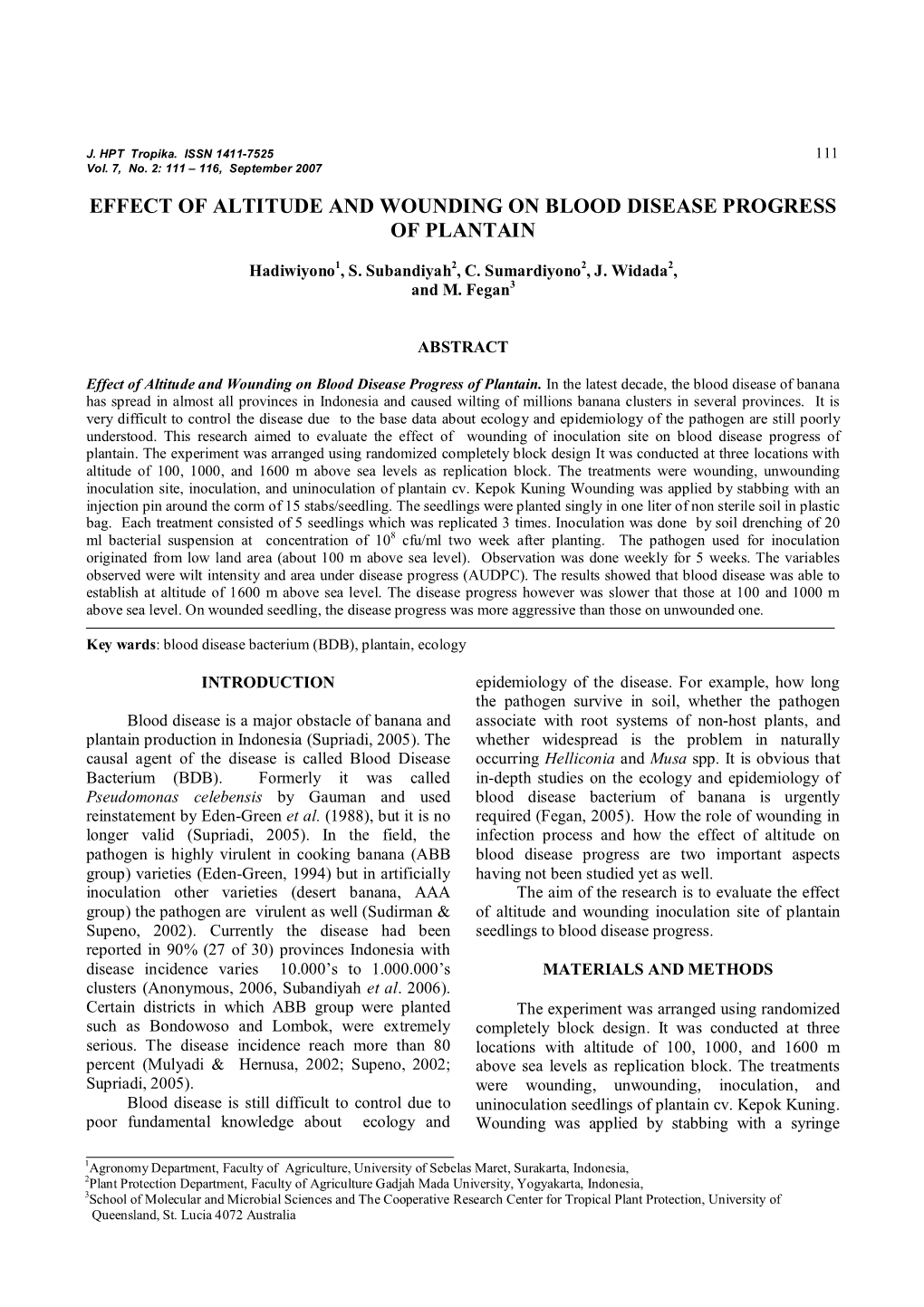 Effect of Altitude and Wounding on Blood Disease Progress of Plantain