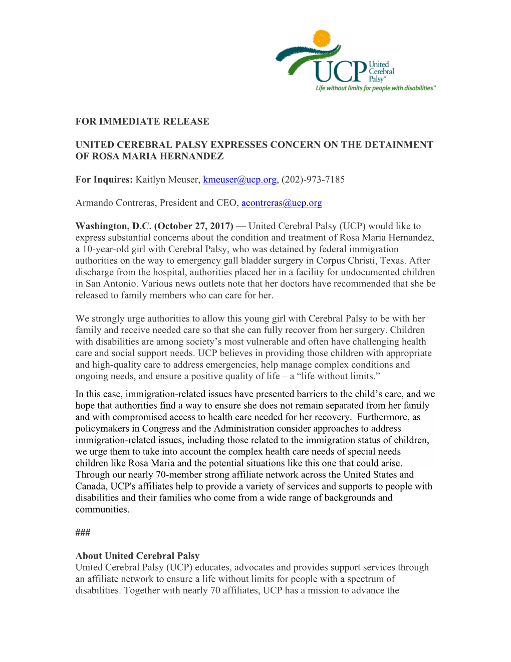 For Immediate Release United Cerebral Palsy Expresses