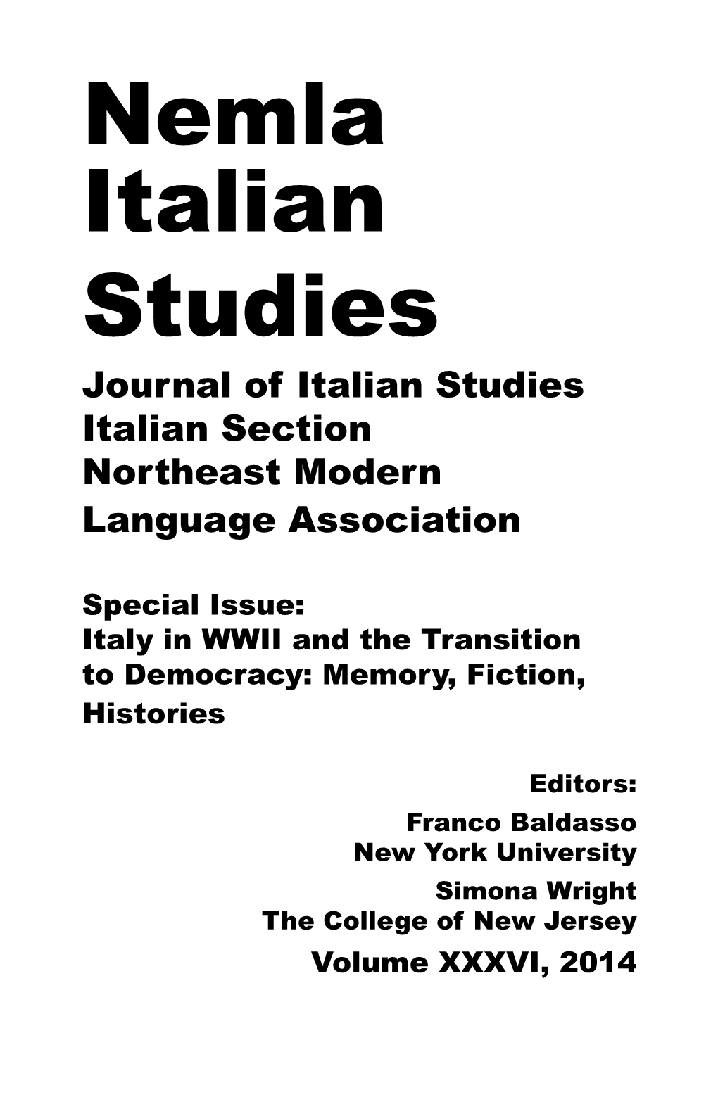 Nemla Italian Studies Journal of Italian Studies Italian Section Northeast Modern Language Association