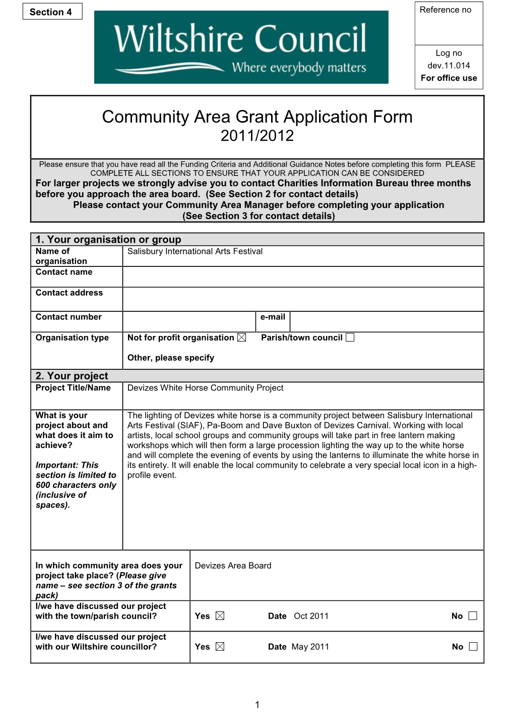 Community Area Grant Application Form 2011/2012