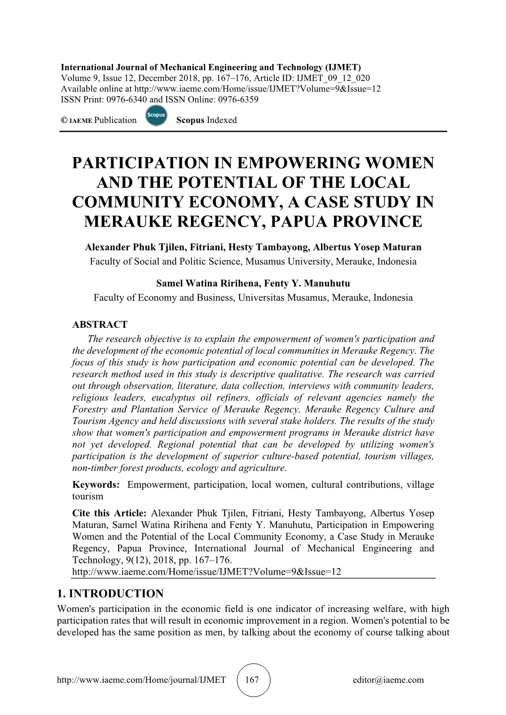 Participation in Empowering Women and the Potential of the Local Community Economy, a Case Study in Merauke Regency, Papua Province