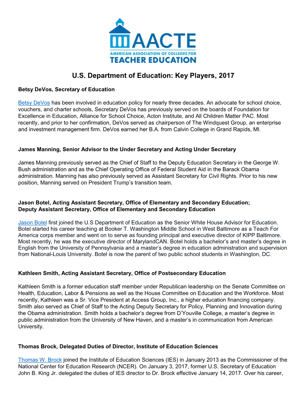 U.S. Department of Education: Key Players, 2017