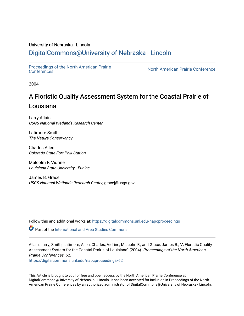 A Floristic Quality Assessment System for the Coastal Prairie of Louisiana